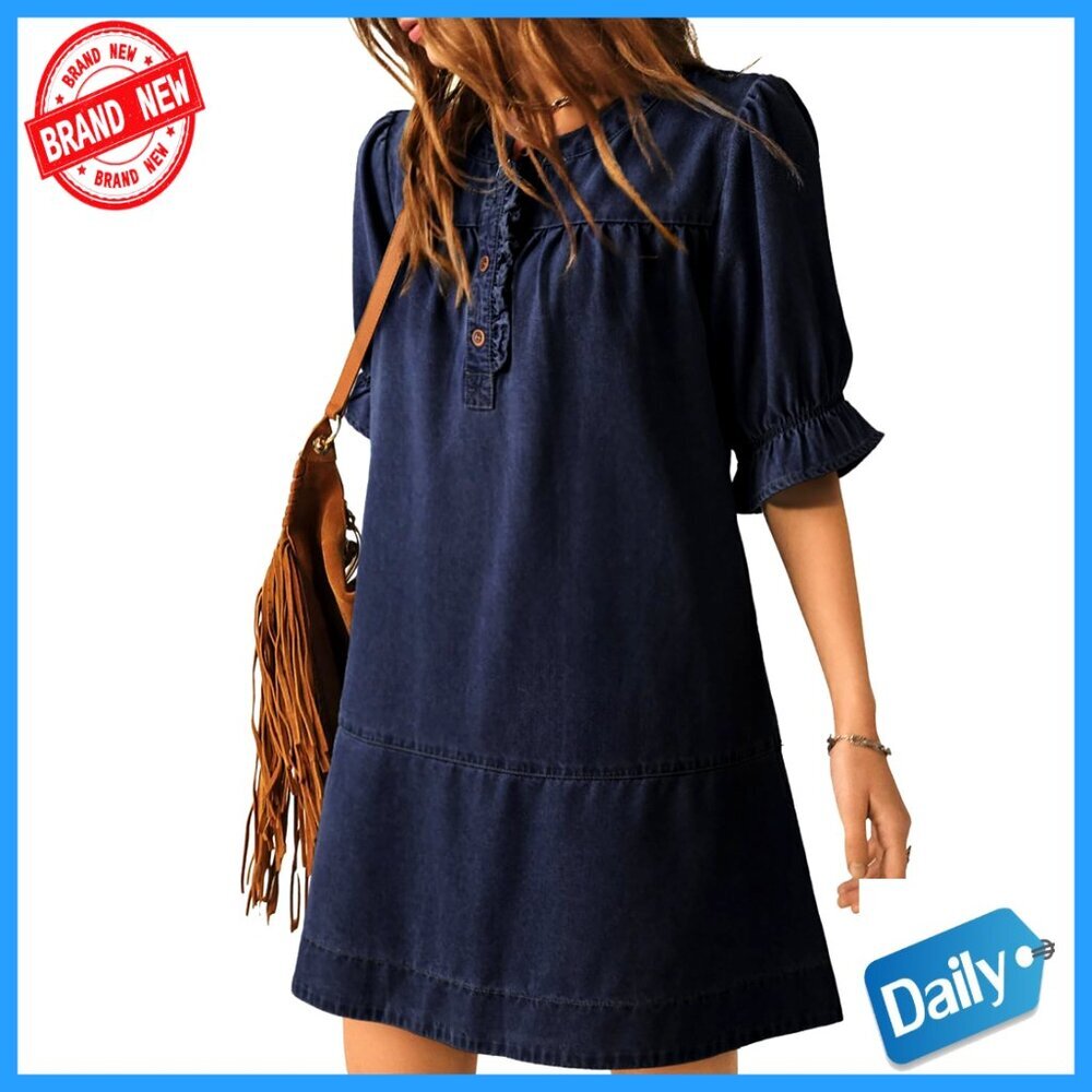 Denim Babydoll Dress Casual Ruffle Short Sleeve Button Front Mini